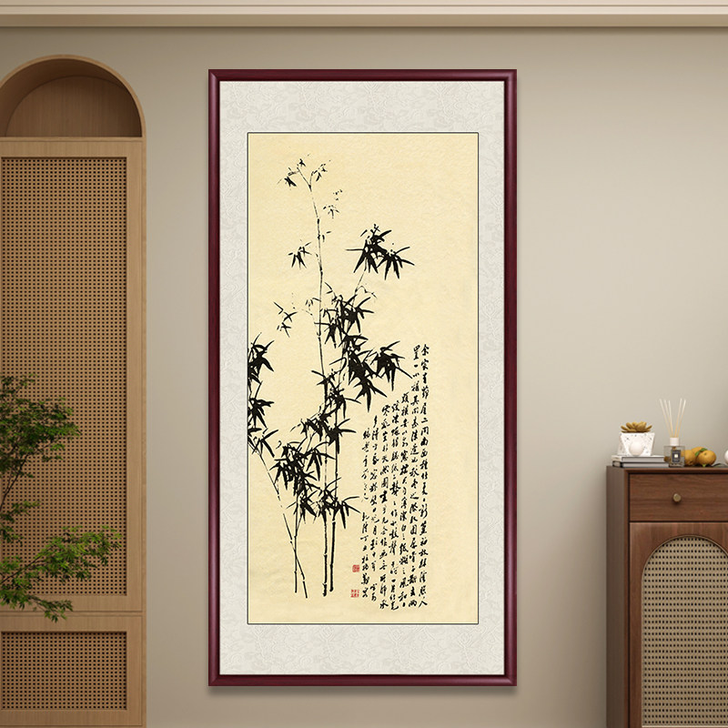 郑板桥竹子水墨画国画名画仿古画入户玄关装饰画客厅挂画中式壁画-淘宝