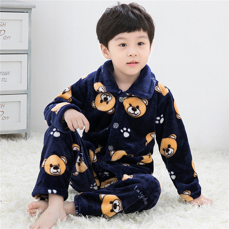 Autumn and winter children's flannel pajamas Boy and girl baby home clothes thickened suit Boy and child coral velvet