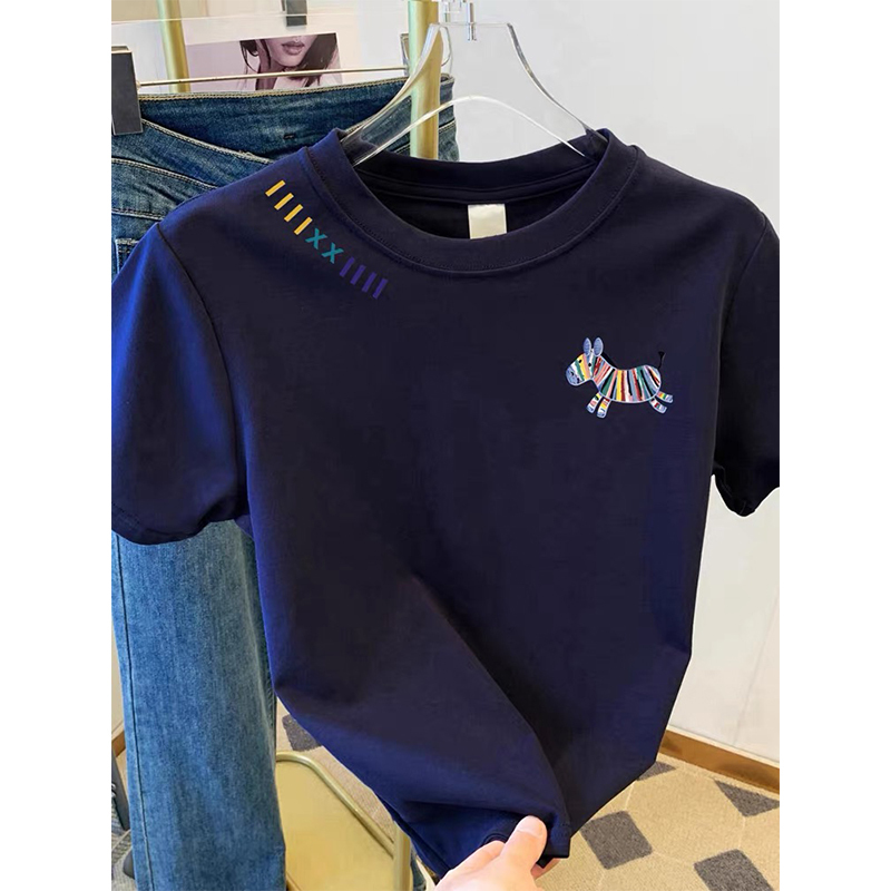 This Year's Trendy Navy Blue Pony Print Round Neck T-Shirt for Women 2026 New Couple Style Versatile Age-Reducing Top T-Shirt