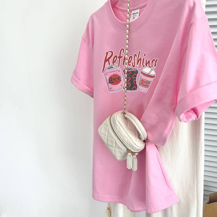 Gentle Light Pink T-Shirt, High-End Korean Style Summer Dopamine Top, Versatile, Fashionable, Cute Printed Pure Cotton Short Sleeves