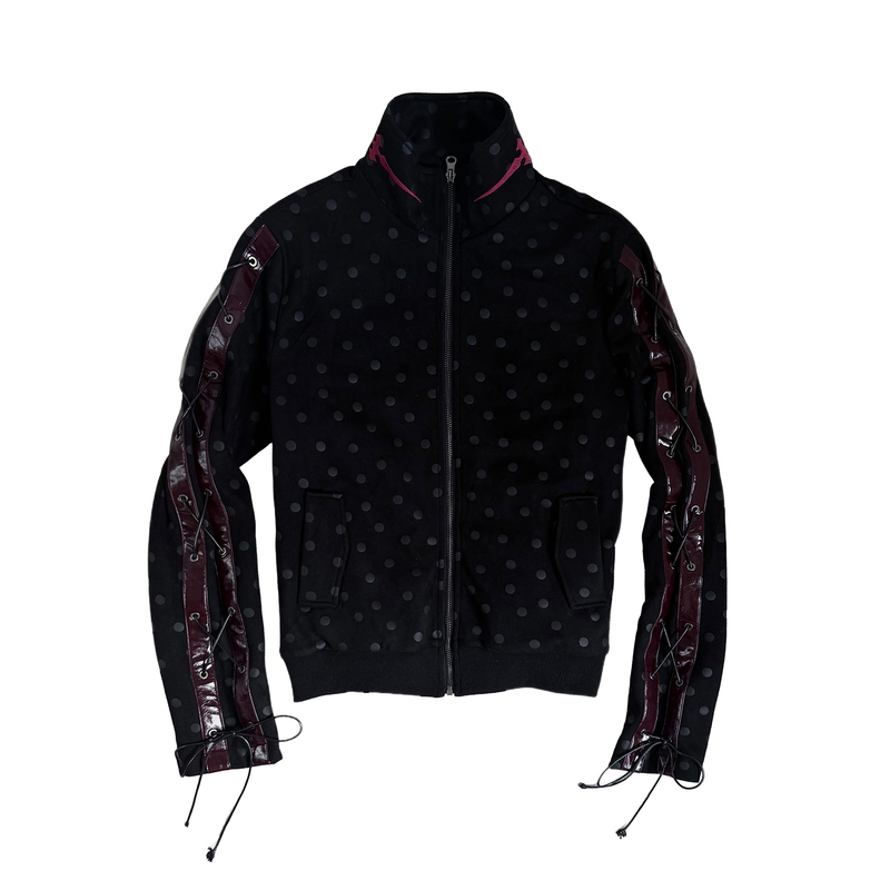 Wase* Original Suede Polka Dot Patchwork Embroidered Lace-Up Stand Collar Fitted Regular Shoulder Light Jacket
