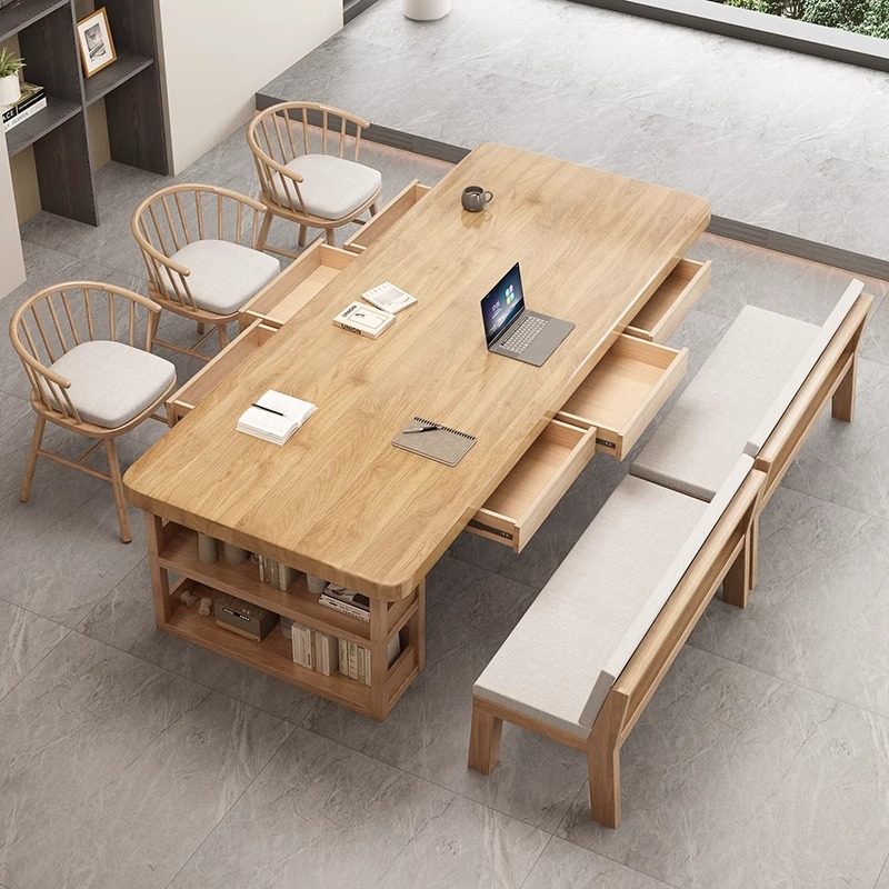 Solid Wood Long Desk with Bookshelf Integrated with Drawers, Study Desk, Home Long Table, Workbench
