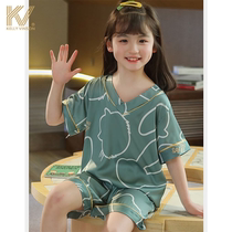 Silk Pajamas Girls Summer Short Sleeve Shorts Big Kids High-end Mulberry Silk Girls Home Clothing Thin KV