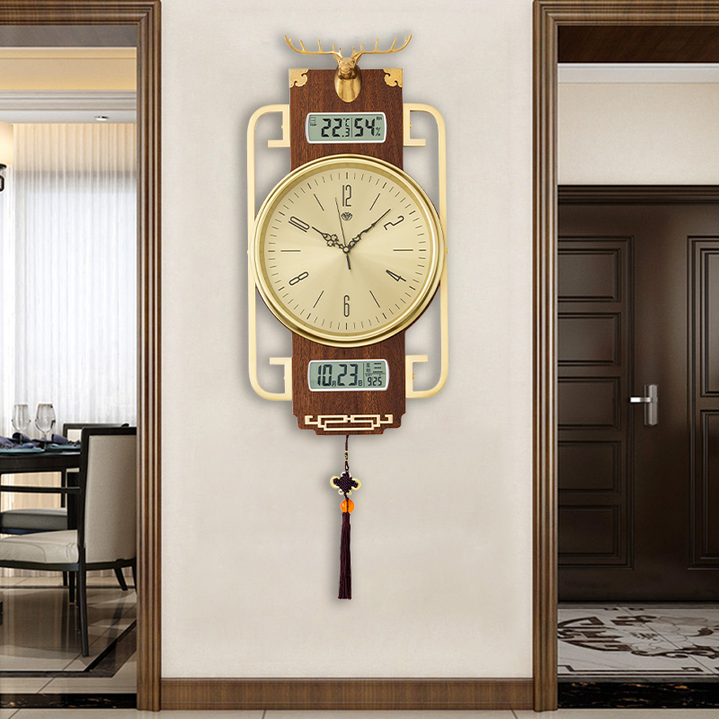 Double display multi-functional high-end Chinese wall clock pure copper craft new Chinese silent wall clock vibrating with the same style