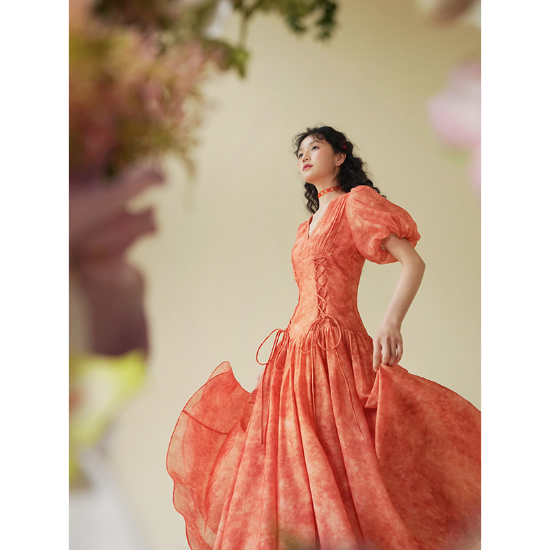Aconiconi|Orange Summer French-Style Sunset Orange Elegant and Stylish Design Waist-Cinching Slimming Tie-Up Long Dress Aconiconi|Orange Summer French-Style Sunset Orange Elegant and Stylish Design Waist-Cinching Slimming Tie-Up Long Dress