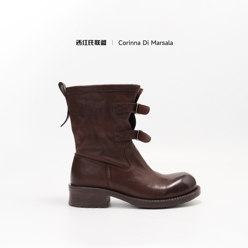 Xihong Alliance Washed Horsehide Mid-Calf Boots 2026 Autumn Double Buckle Chunky Heel Vintage Distressed Slimming Biker Boots