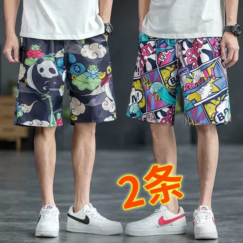 . Mùa hè phong cách mới ở nhà in ấn giản dị quần đi biển quần short nam rộng rãi cộng với kích thước quần năm điểm nhanh khô quần lớn nam - Quần bãi biển