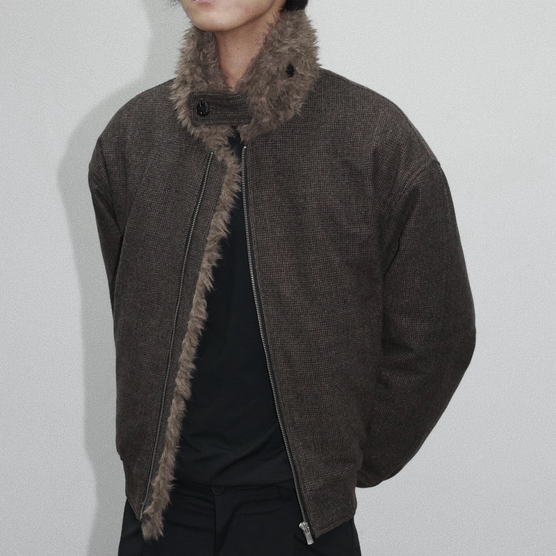 Rever React Woolen Quilted Bomber Jacket with Fur Collar, Baseball Jacket, Autumn and Winter Short and Wide Style