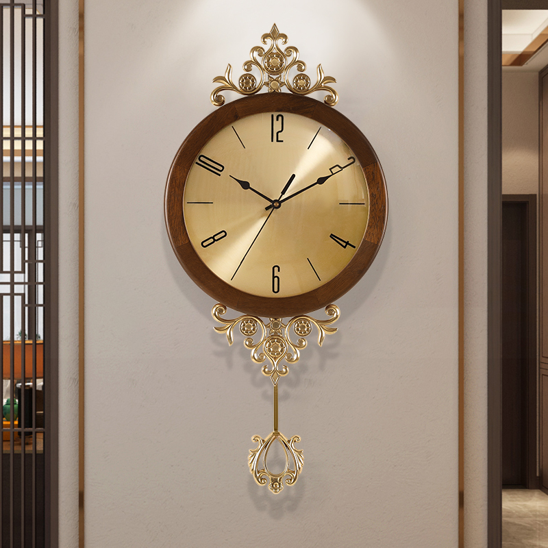 European-style walnut pure copper clock wall clock home living room new Chinese brass light luxury solid wood large quartz hanging watch
