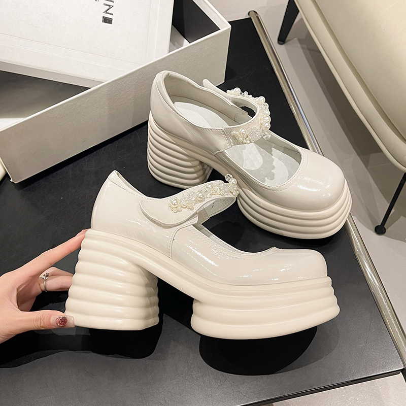 Thick-Soled Wedding Shoes, the Ultimate Accessory for the Bride, Platform Shoes, Spring Height-Increasing Shoes, Chunky Heel, Pearl Mary Jane Bridal High Heels
