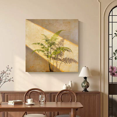 The "Green Ferns Reflecting on the Wall" hand-painted, retro light and shadow style living room entrance hanging painting featuring a Babi monkey