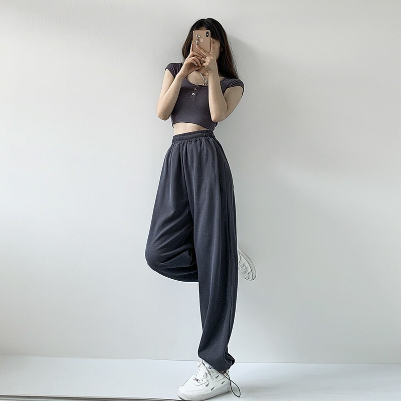 Gray Loose-Fitting Women's Sweatpants with Drawstring Cuffs, European and American Style, Autumn and Winter Fleece-Lined Wide-Leg High-Waisted Straight-Leg Sweatpants, Trendy on Instagram