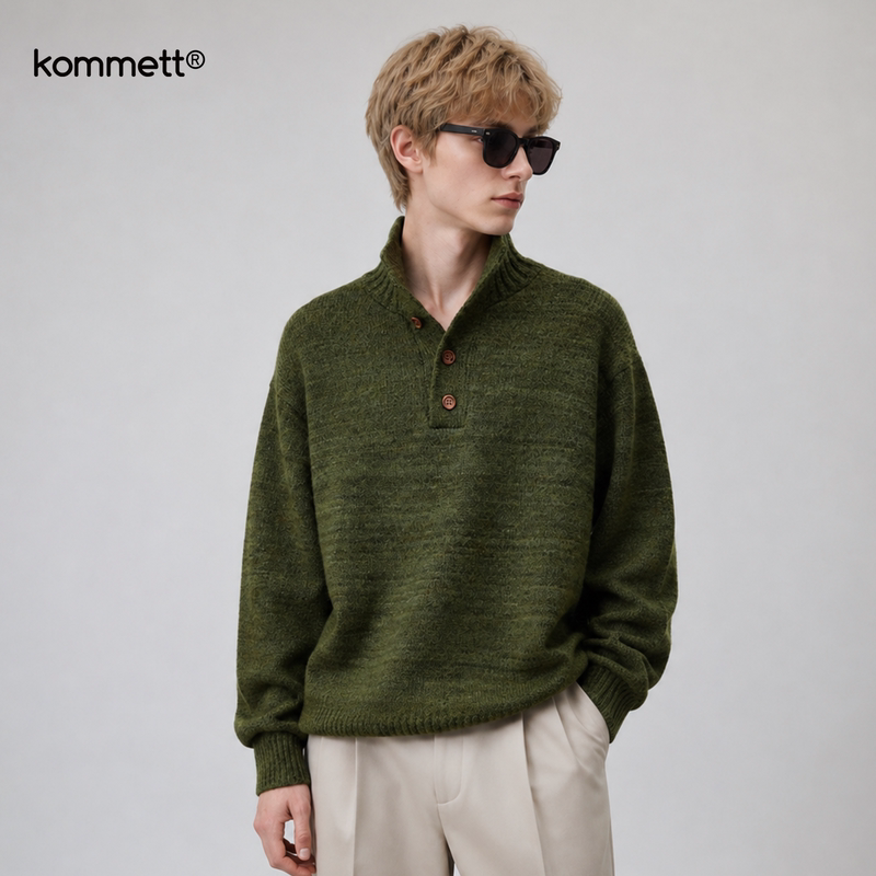 Kommett Loose Stand-Up Collar Sweater Men's Trendy Brand Versatile American Retro Green Knitwear Warm Top