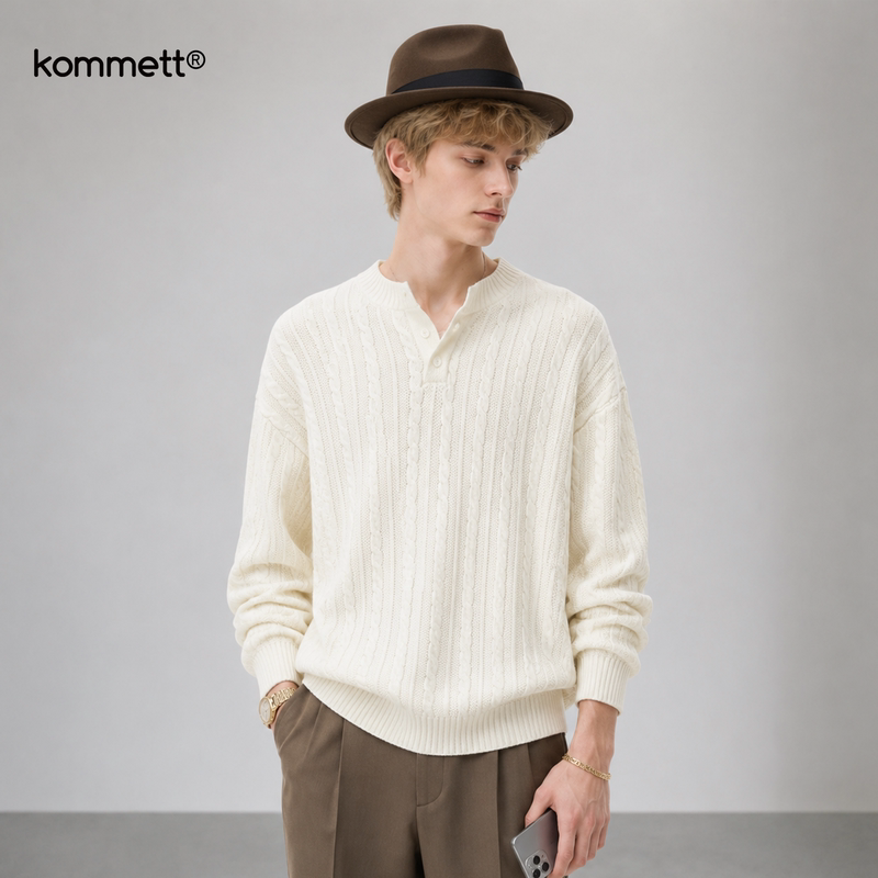 Kommett Half-Zip Stand Collar Cable Knit Sweater for Men, Autumn Trendy Brand, Loose and Casual Style, High-End Feel Kommett Half-Zip Stand Collar Cable Knit Sweater for Men, Autumn Trendy Brand, Loose and Casual Style, High-End Feel