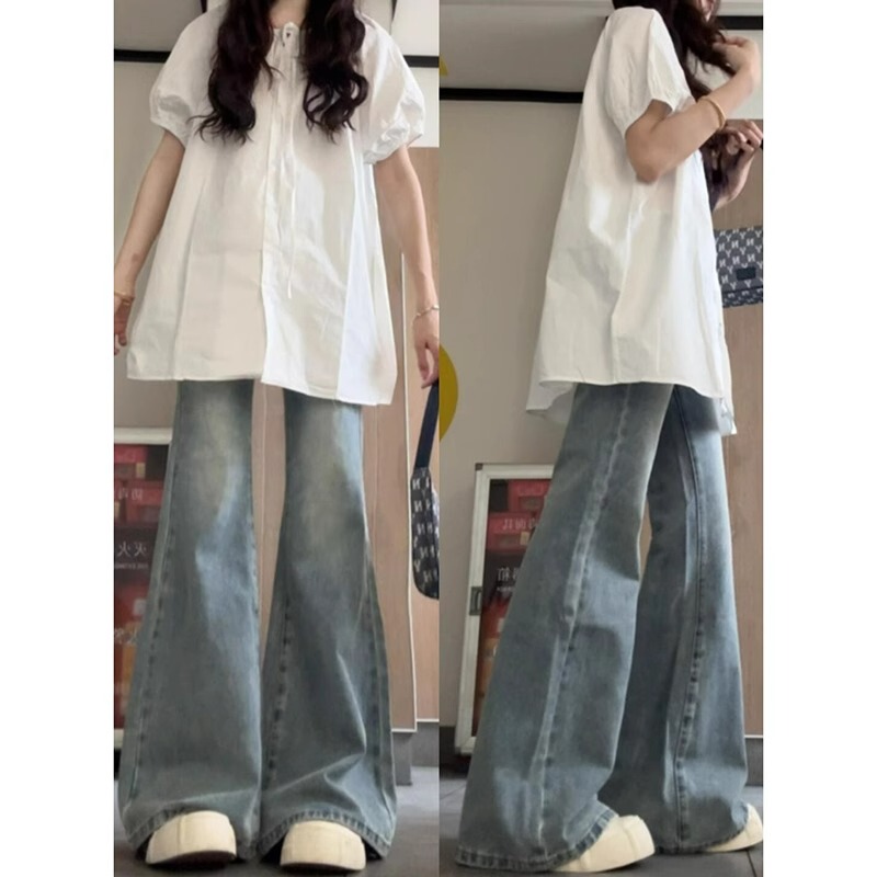 Korean Summer Babydoll Shirt Puff Sleeve Niche Top Lace-Up Short-Sleeved Shirt Women's Mid-Length Oversize Shirt
