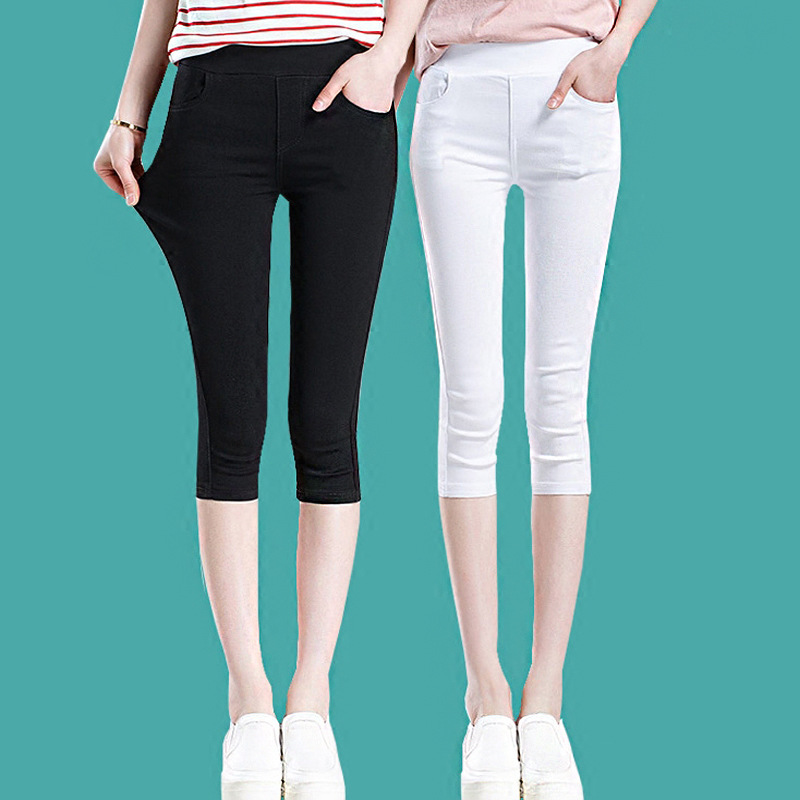 Women's Summer Cropped Pants, Thin Leggings, Slim Fit Pencil Pants, Korean Style, Stretchy Black Breeches for Women