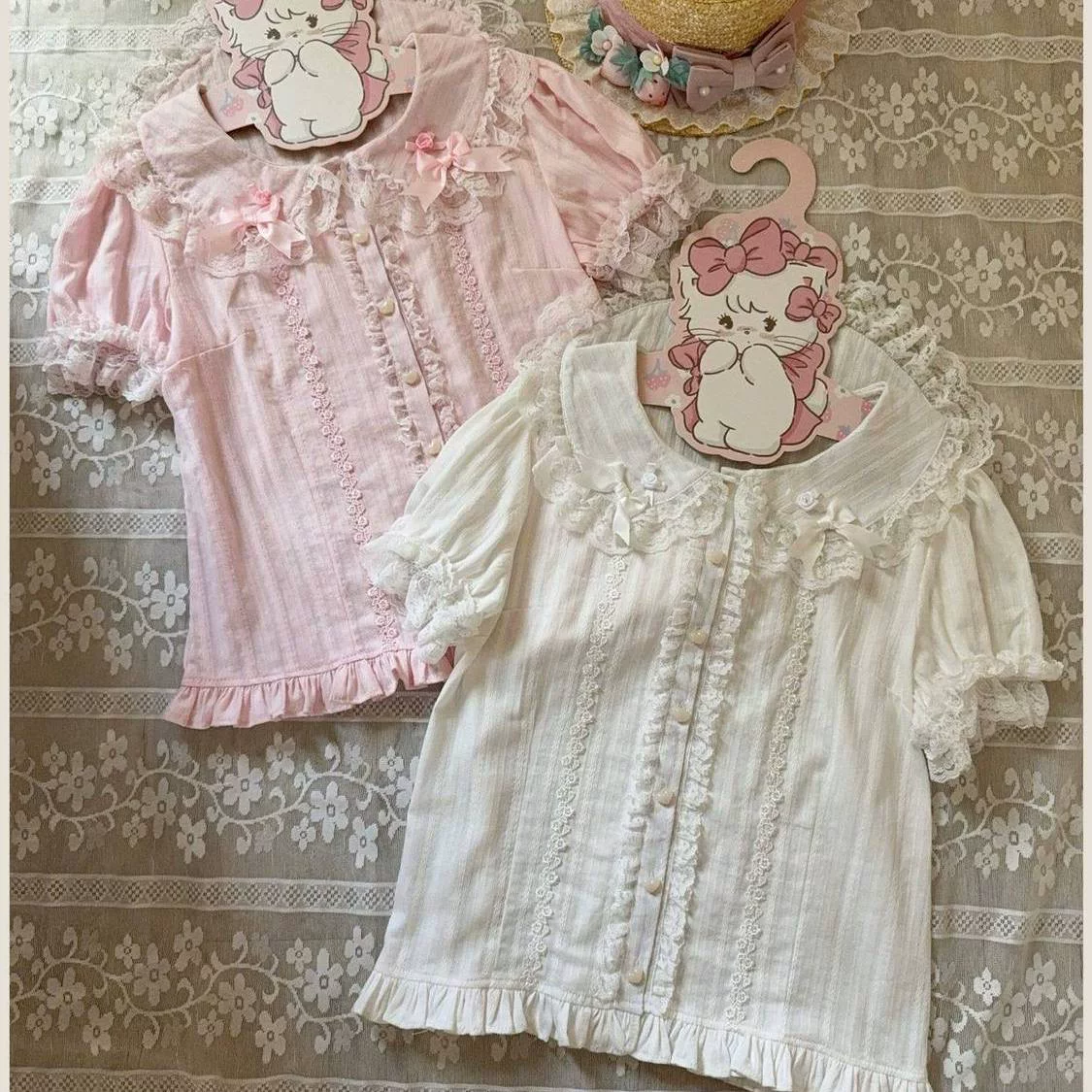 Хлопковая кружевная милая рубашка, стиль Лолита, puff sleeves
