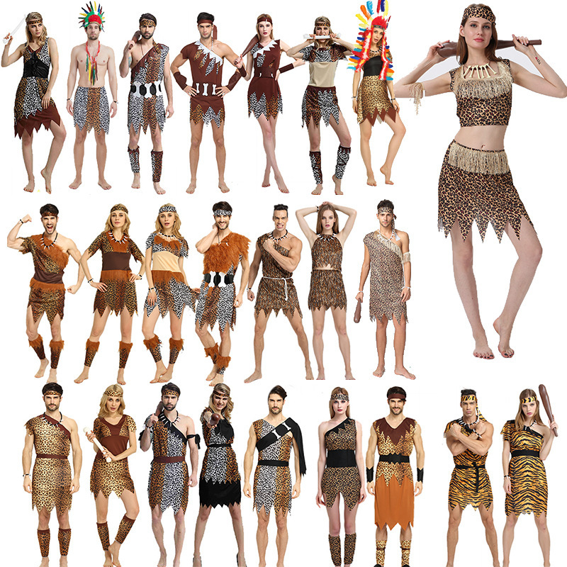 Halloween Performance Adult Savage Costumes for Men and Women, Indigenous People, African Primitive People, Indian Leopard Print