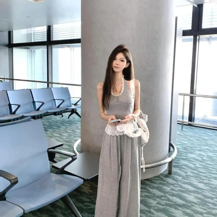 Korean Style Casual Suit for Women, Summer Gray Striped V-Neck Halter Top, Trendy Wide-Leg Pants, Fashionable Two-Piece Set