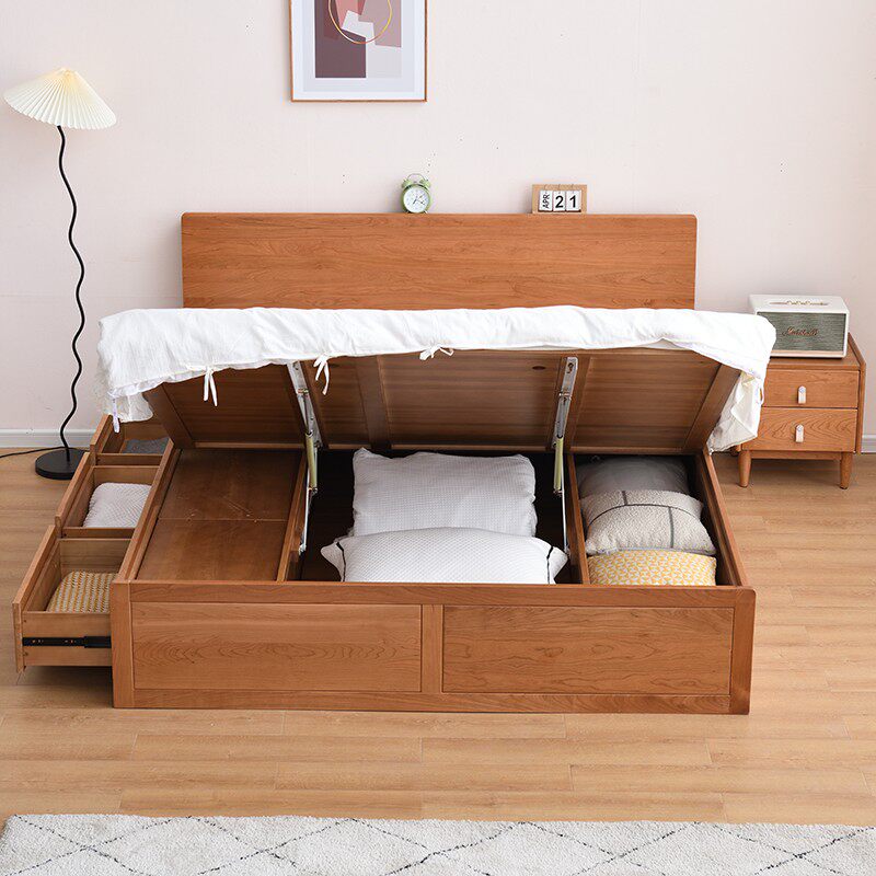 Nordic Day Style Cherry Wood Solid Wood Storage Bed 1 8m1 5 m Double modern minimalist Small family type drawer case 