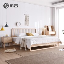 Nordic all - solid wood bed modern Japanese minimal wind log small household type 1 5 m 1 8 m white wax double bedroom