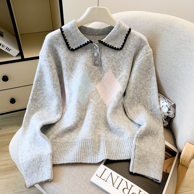 Retro College Style Polo Collar Diamond Knit Sweater for Women, Autumn Stylish Loose and Lazy Style Pullover Top Retro College Style Polo Collar Diamond Knit Sweater for Women, Autumn Stylish Loose and Lazy Style Pullover Top