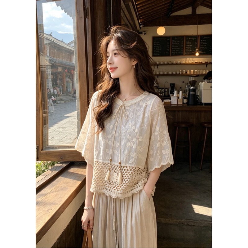 Bohemian Style V-Neck Lace-Up Tassel Embroidered Lace Top Women's Summer Resort Style Loose Slimming Blouse