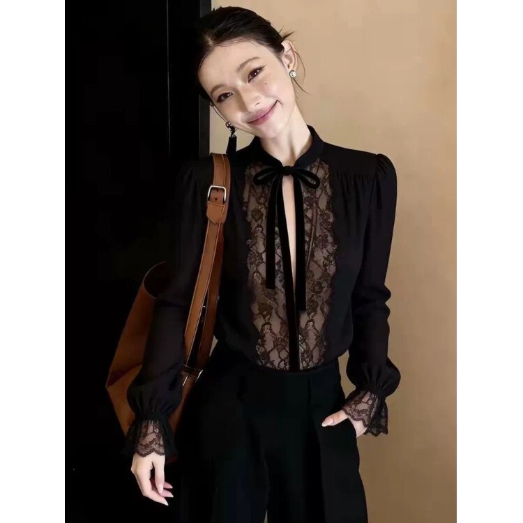 Elegant Mature Style Black Mesh Lace Blouse for Women, Summer Sheer Lace-Up Bow Slim-Fit Long-Sleeve Top