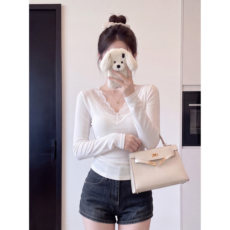 Pure Desire Casual Embroidered Thin Long-Sleeve T-Shirt for Women, Autumn Korean Style Commuter Slim Fit Elegant Lace V-Neck Top Pure Desire Casual Embroidered Thin Long-Sleeve T-Shirt for Women, Autumn Korean Style Commuter Slim Fit Elegant Lace V-Neck Top
