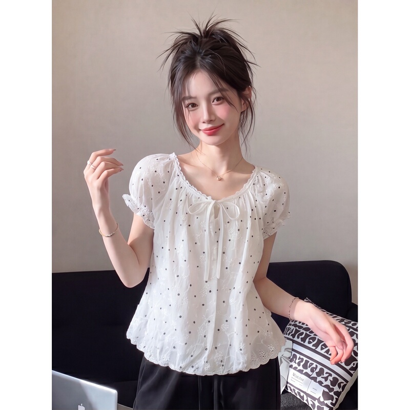 White Polka Dot Lace-Trimmed Short-Sleeved Shirt for Women, Summer Korean Style Round Neck Tie Bow Embroidered Flower Bud Top