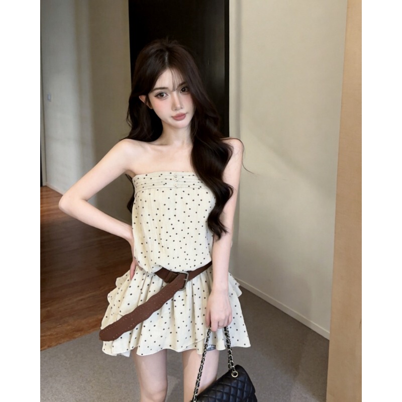 Hot Girl Sexy Polka Dot Tube Top Dress with Belt for Women, Summer Korean Style Slim Fit and Elegant Tube Top Hot Girl Sexy Polka Dot Tube Top Dress with Belt for Women, Summer Korean Style Slim Fit and Elegant Tube Top