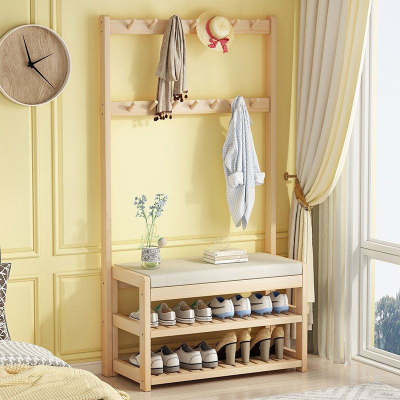 Entrance Hanger Arrival Hanger Floor Bedroom Solid Wood Multifunction Clothes Hat Rack Changing Shoes Stool Integrated Domestic Doorway Into Door Shoe Rack