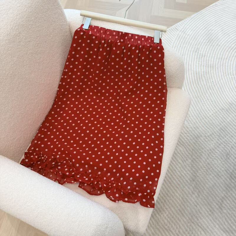 Summer New Retro Red Polka Dot High-Waisted Slimming Versatile Skirt for Women Ss1985