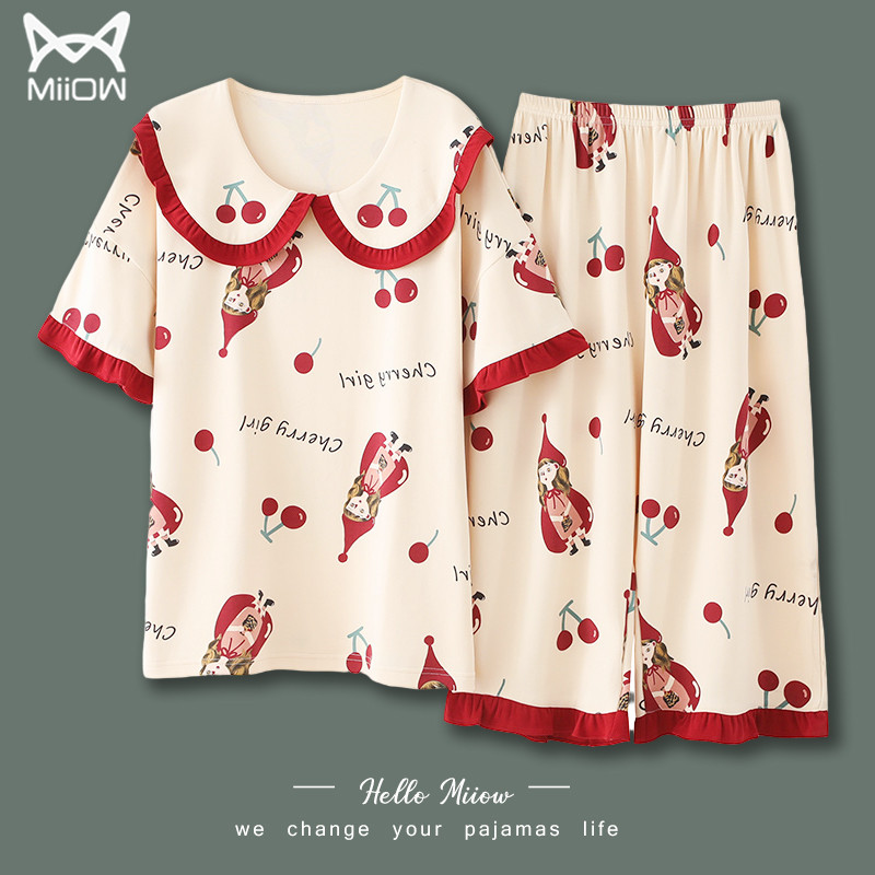 Cat people pajamas women's summer pure cotton short-sleeved three-point pants plus fat plus size fat mm200 kg loose home service suit