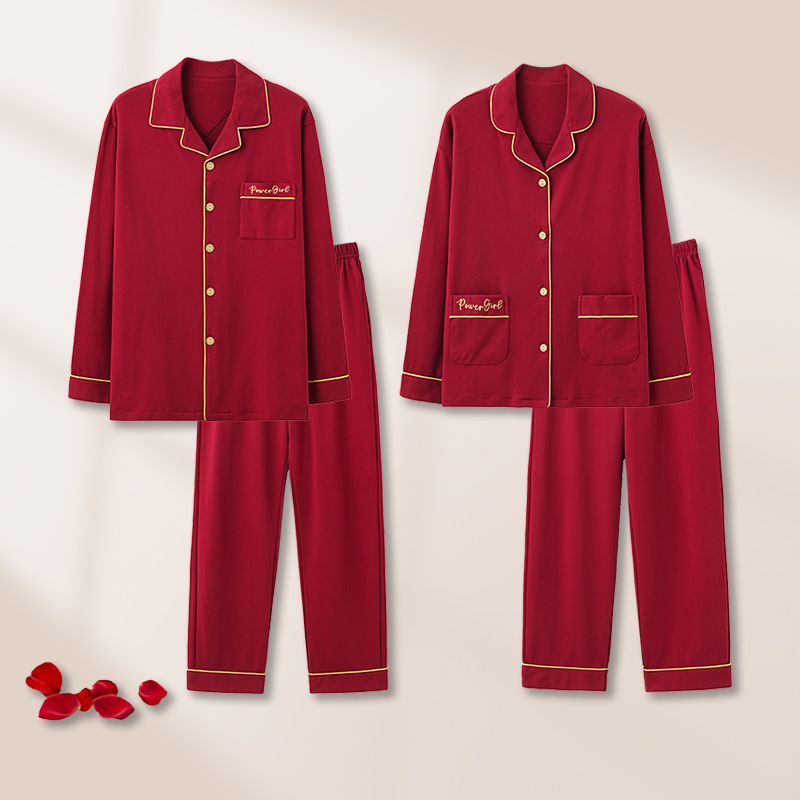 Fenteng Ke'An Red Pajamas for Men and Women, Spring and Autumn, Wedding, Newlyweds, Pure Cotton Home Wear, Zodiac Year Long-Sleeve Set