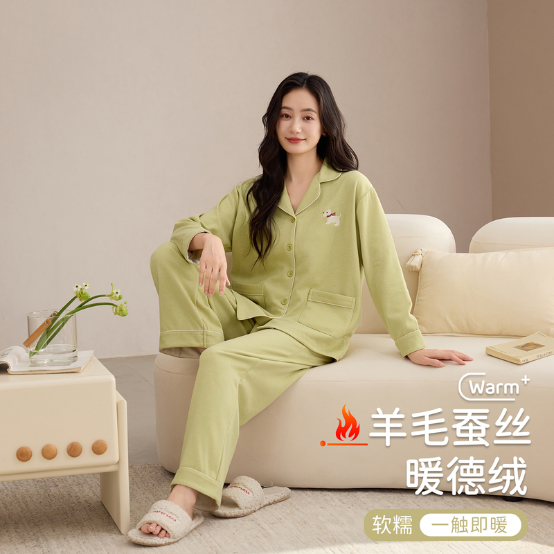 Fenteng Women's Velvet Pajamas Autumn and Winter Long-Sleeve Cardigan Wool Silk Solid Color Warm Plus-Size Home Set Fenteng Women's Velvet Pajamas Autumn and Winter Long-Sleeve Cardigan Wool Silk Solid Color Warm Plus-Size Home Set