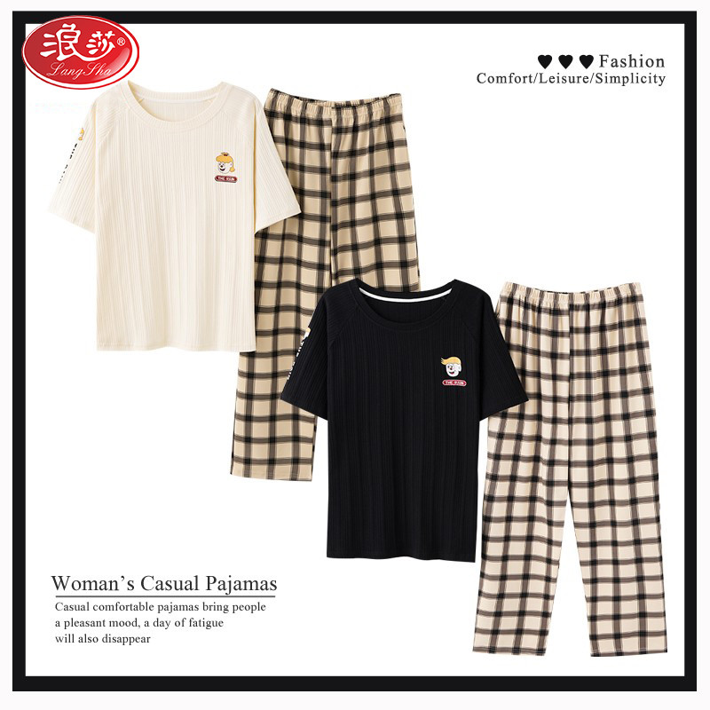 Langsha couple pajamas women's summer cotton short-sleeved trousers net red cute 2022 new men's home wear