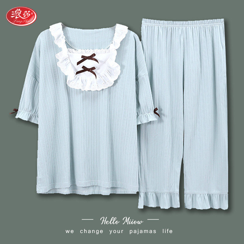 Romantic Sleeping Dressing Woman Summer Slim pure cotton short sleeves Seven Pants Two-piece Style Suit Day Ensemble Cute senior Sensation Family Clothing