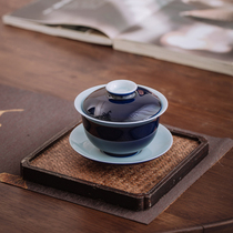 Card does not explore the three Cai tea cup Jingdezhen pure handmade Ji blue tea bowl ceramic kung fu tea set anti-hot hand