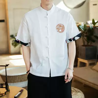 Chinese style embroidered linen shirt Men's short-sleeved summer national style Buddhist cotton and linen large size shirt casual meditation clothes