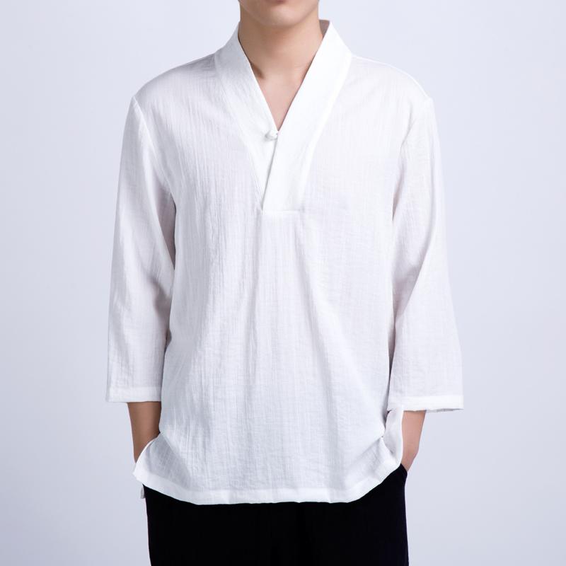 China Wind Cotton Linen Short Sleeve T-shirt Male Cotton Jumpsuit Big Size Fat Sub half sleeve Summer thin Chinese style retro Tang suit