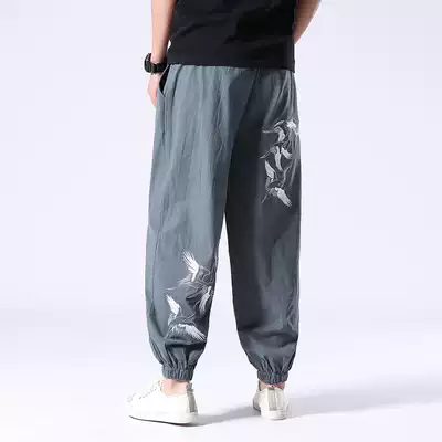 Chinese style linen pants men's summer loose Harun casual pants youth embroidered cotton and linen large size wide-leg drawstring pants