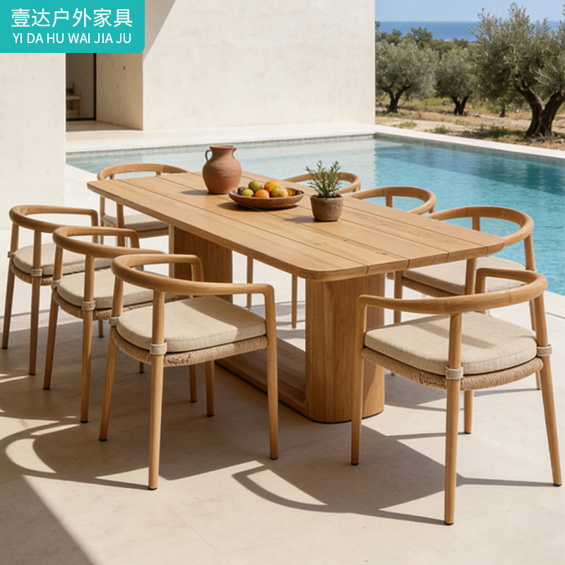 Teak Outdoor Tables and Chairs for Courtyard Villas, Open-Air Hotels, Outdoor Terraces, Garden Rattan Chairs, Leisure Burmese Solid Wood Long Tables