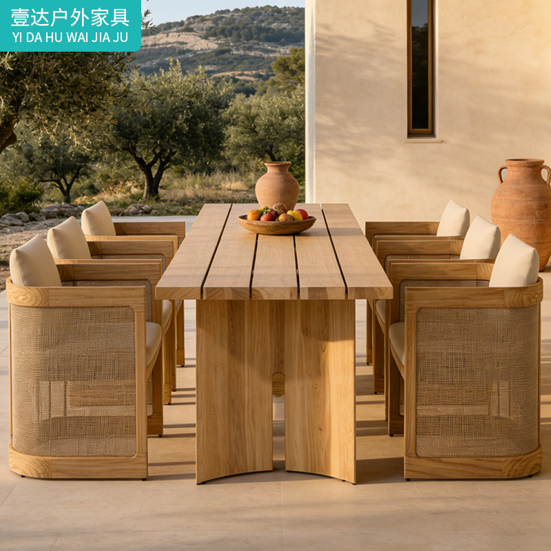Teak Outdoor Tables and Chairs, Courtyard Villa Solid Wood Dining Table, Designer Hotel Outdoor Terrace Leisure Table and Chair Set