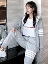 Grey Tb Sportswear Casual Suit Womens Autumn Couple with Tide Cards Zipper Necropolis Trousers Two Sets Stylish Suit