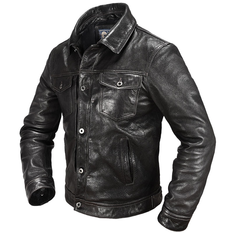 Leather leather men's head layer goatskin motorcycle youth slim lapel fashion trend leather jacket handsome jacket