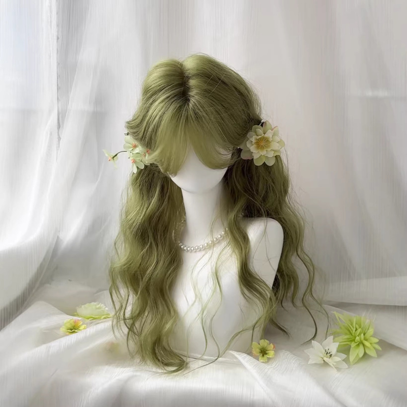 Green Wool Curly Wig for Women with Long Hair, Makes Skin Look Fairer, Air Bangs, Lazy Water Wave Long Curly Hair, Realistic Full Head Wig