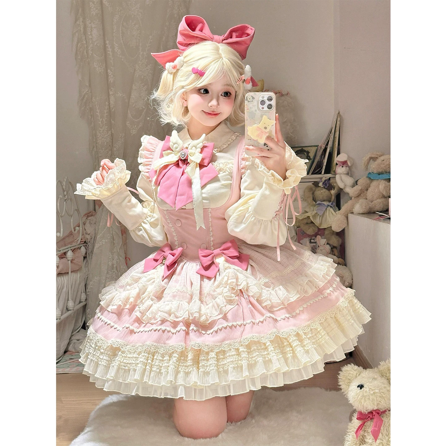 Очаровательный фуксия длинный рукав, комплект, косплей, стиль Лолита, Lolita Jsk