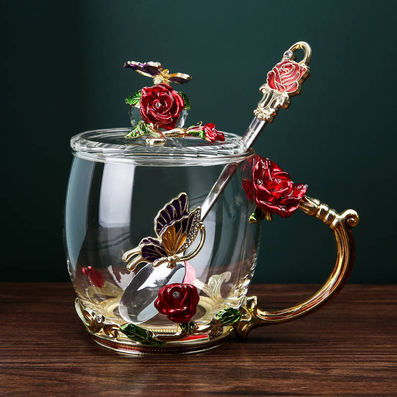 Artistic cup gift high-end light luxury delicate and beautiful camellia glass with lid and handle female