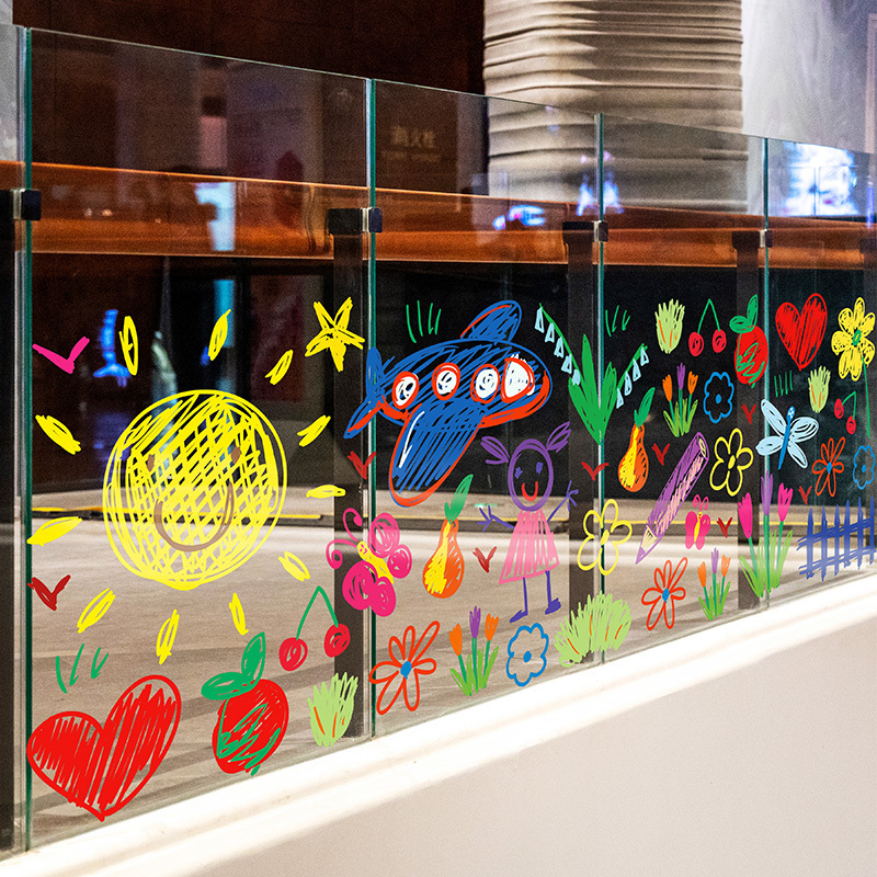 Cartoon Hand-Painted Glass Stickers Crayon Color Painting Double-Sided Transparent Uv Film Exhibition Hall Kindergarten Handrail Glass Beautification